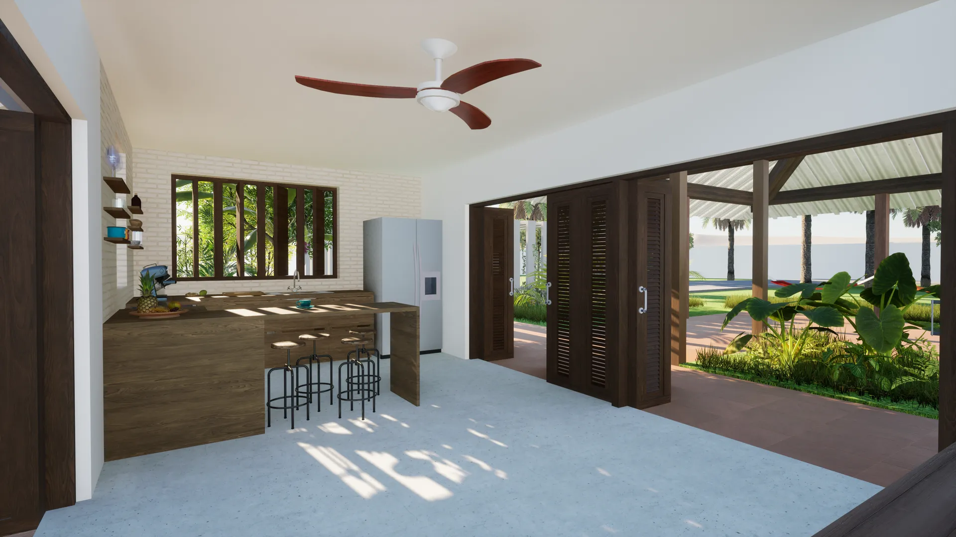 Villa vivante — Vue salon exterieur depuis cuisine